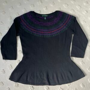 Vintage Ralph Lauren Mohair Wool Cashmere Blend Peplum Sweater Fair Isles Print